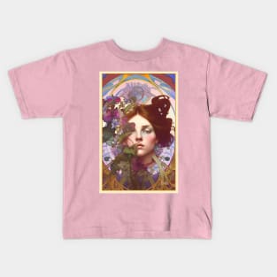 Dreamy art deco style design of girl with purple flowers Kids T-Shirt